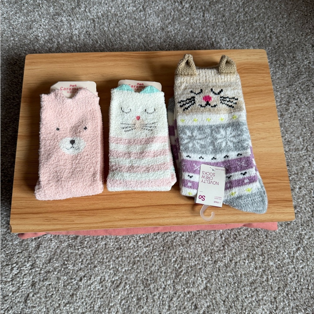 Kids/Adult Fuzzy Kitty and bear Socks Trio - Pink, White, Gray. NWT!